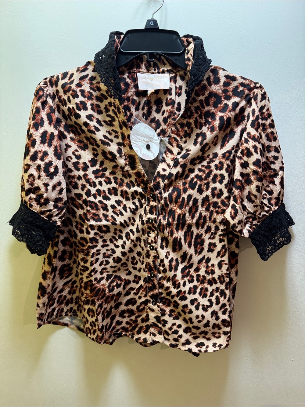 US Together Leopard Satin Button-Up Top with Black Lace Trim size L.